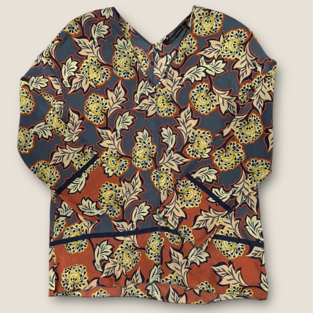 Zara Woman Floral Kimono Top Medium Rust Blue V-Neck Long Sleeve Blouse